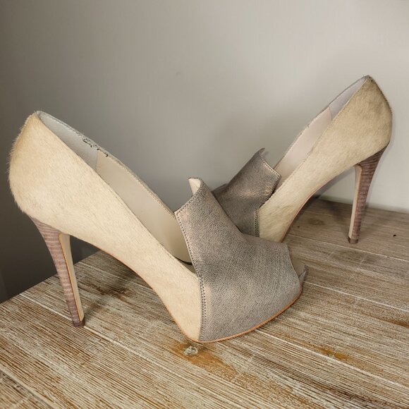 Guess Honeyely Women's Peep-Toe Platform Pump Heels Gold and Beige Size 8 - Picture 3 of 8